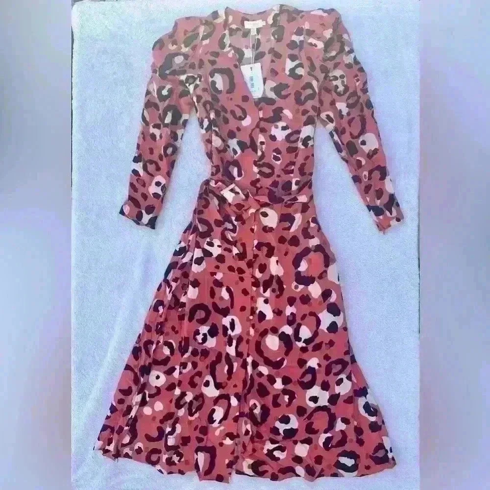 Ted Baker London Womens Dress 1 U.S. Size 2-4 Pink  Leopard Print Button Up $340